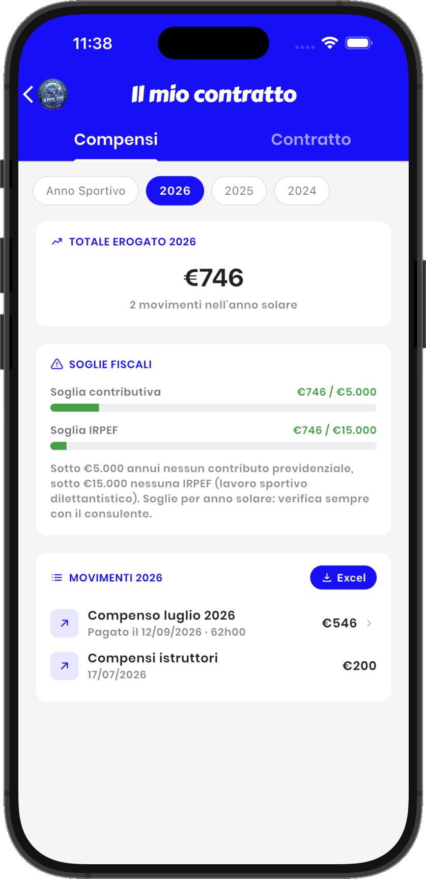Compensi dell'anno e soglie nell'app Geplass, con i movimenti gia liquidati
