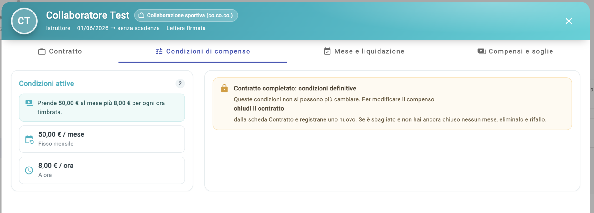 Condizioni di compenso di un collaboratore nel gestionale Geplass: fisso mensile e tariffa oraria attivi insieme