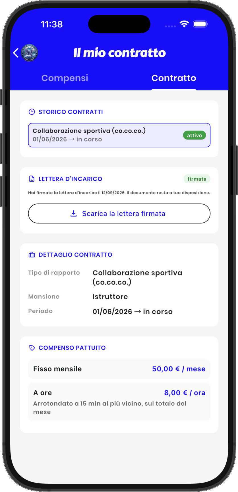 Il mio contratto nell'app Geplass: rapporto, lettera firmata e compenso pattuito