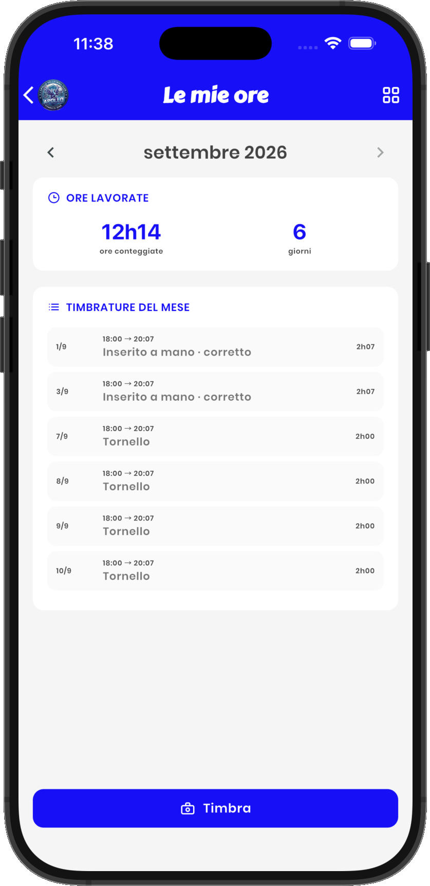 Le mie ore nell'app Geplass: timbrature del mese e pulsante per timbrare