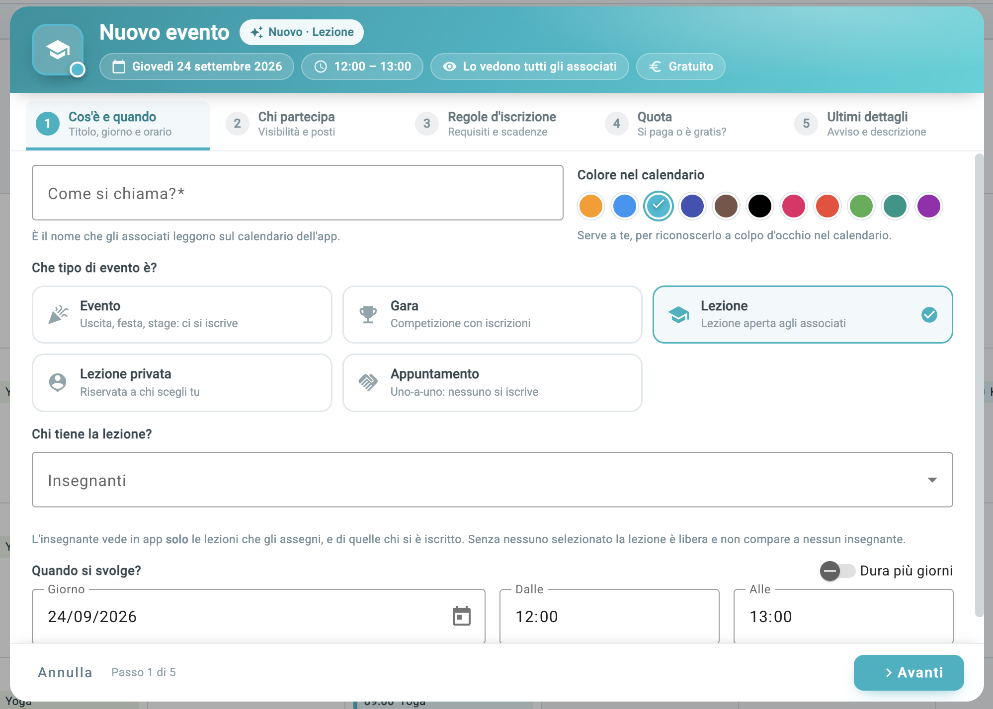 Creazione di una lezione nel gestionale Geplass: tipo di evento, insegnante, giorno e orario Creazione di una lezione nel gestionale Geplass: tipo di evento, insegnante, giorno e orario